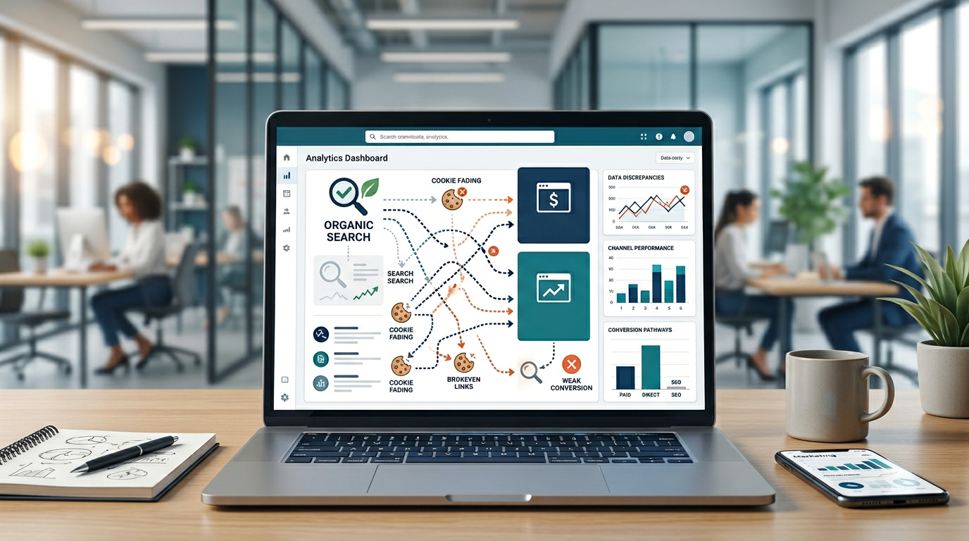 Laptop dashboard illustrating broken attribution paths in SEO, with organic search influence overshadowed by paid and direct traffic