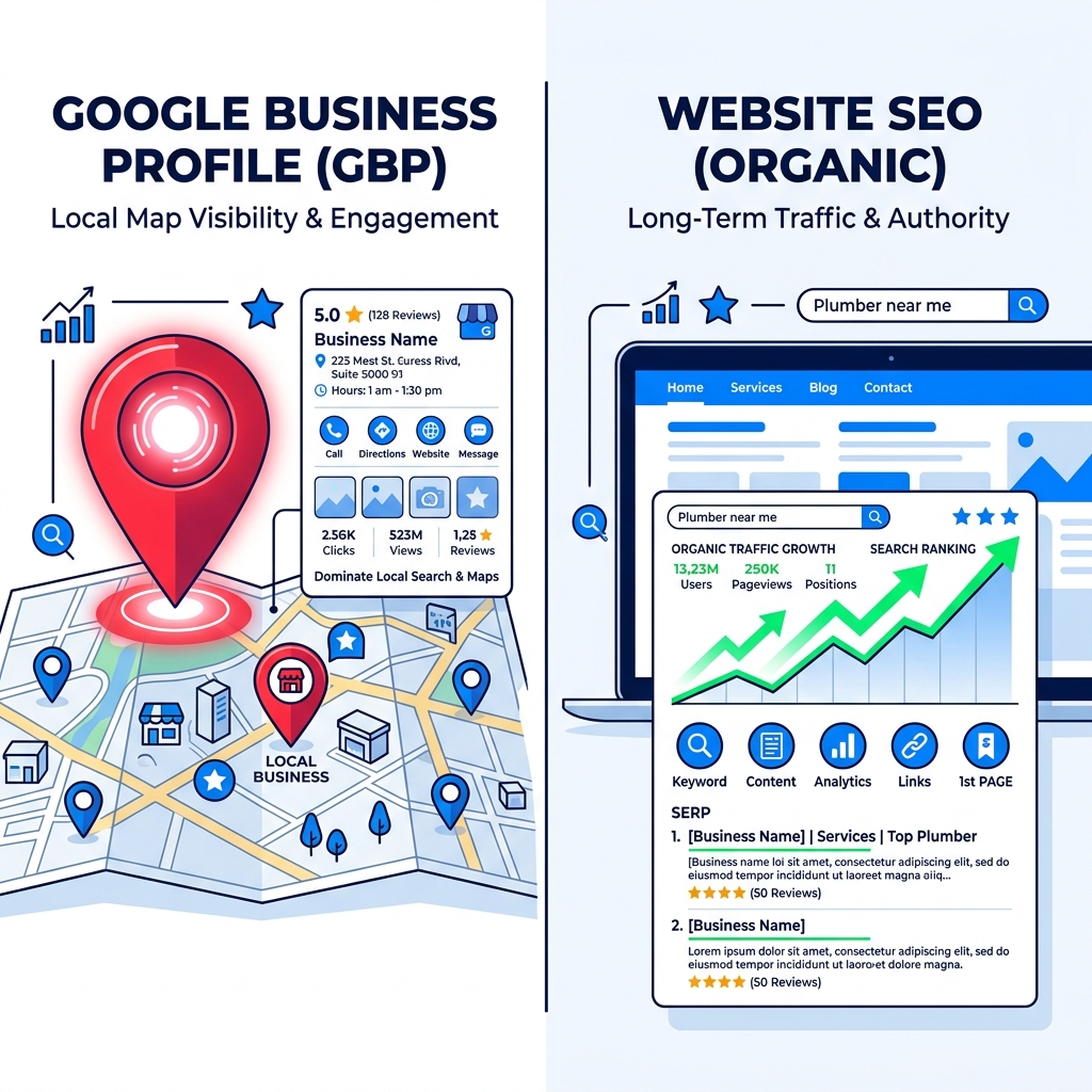Google Business Profile vs Website SEO split screen comparison for local search visibility