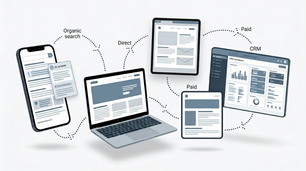 Modern SEO attribution dashboard showing organic search paths being undervalued compared with paid and direct channels

