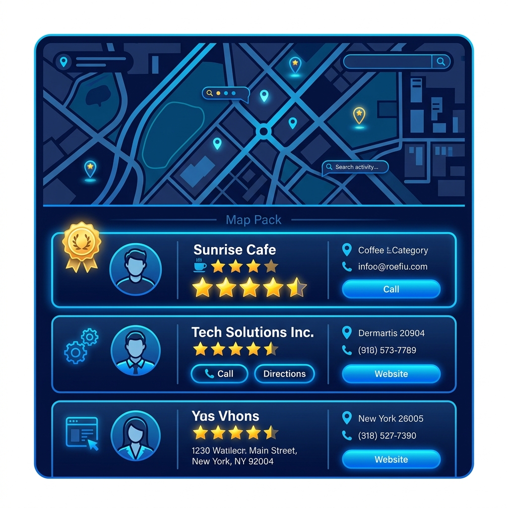 Google Local Map pack displaying three highly rated local businesses with 5 star reviews