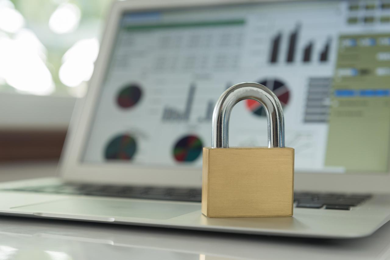 A laptop showing a domain management dashboard with a visible lock or shield icon near a website URL bar