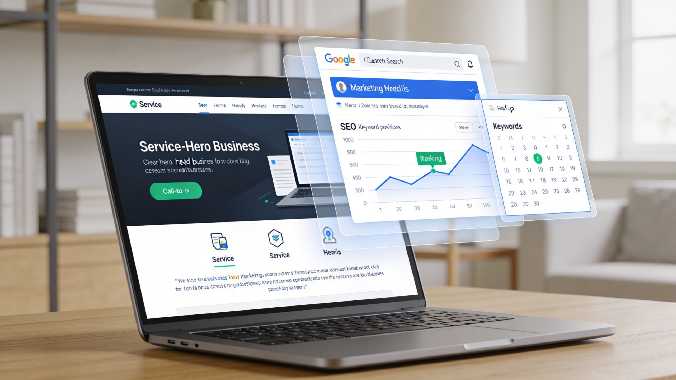 A laptop screen showing a modern service-business homepage, with a transparent overlay of SEO elements like Google search results, ranking graph, and keyword positions