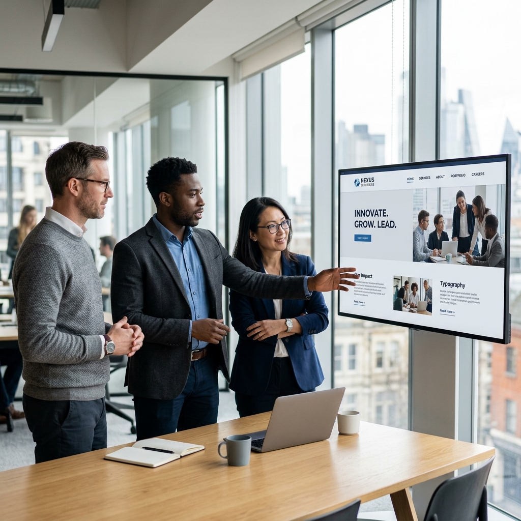 Diverse professional team collaborating on corporate website development, reviewing a sleek, modern business site design on a high-resolution monitor in a sunlit contemporary office.