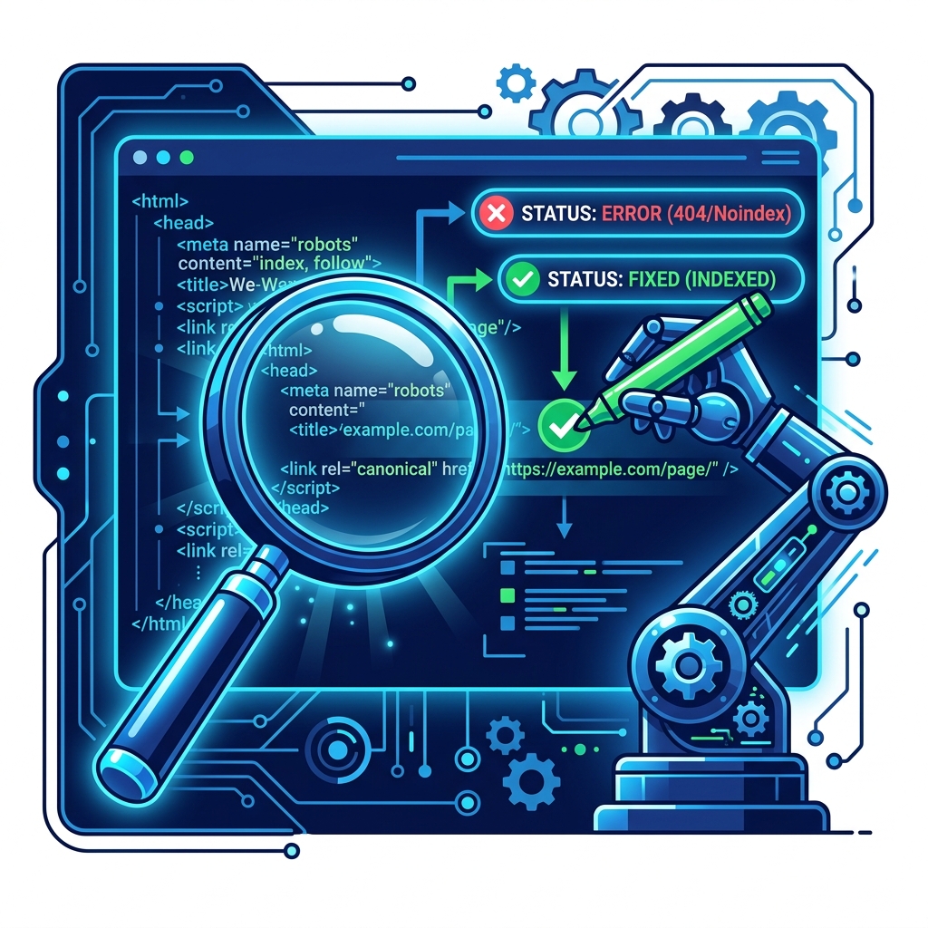 Fixing indexing errors with a magnifying glass technical SEO illustration