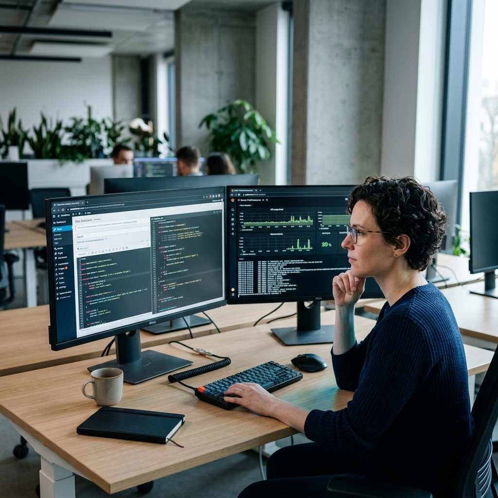 Generated a premium editorial photograph of a developer monitoring performance metrics on dual screens.