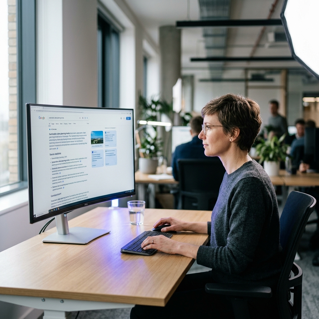 A professional in their early 40s sits at a minimalist modern workstation, reviewing AI-generated search results and citations on a curved monitor with a soft electric blue ambient glow, captured in a high-end editorial photography style.
