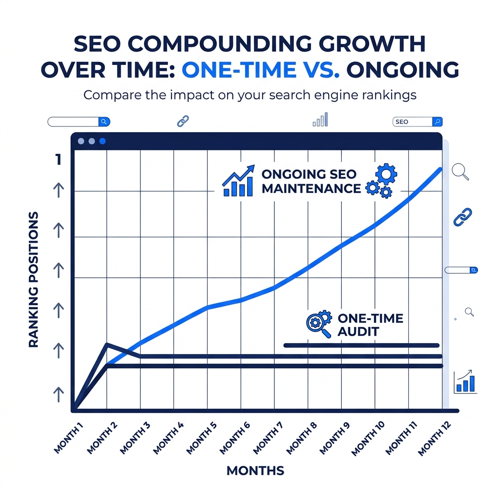 SEO compounding growth chart showing maintenance vs one-time audit trajectory