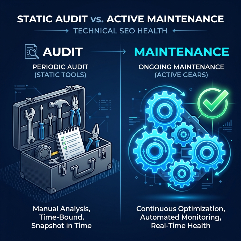 Comparing static one-time SEO audit tools to active ongoing maintenance gears