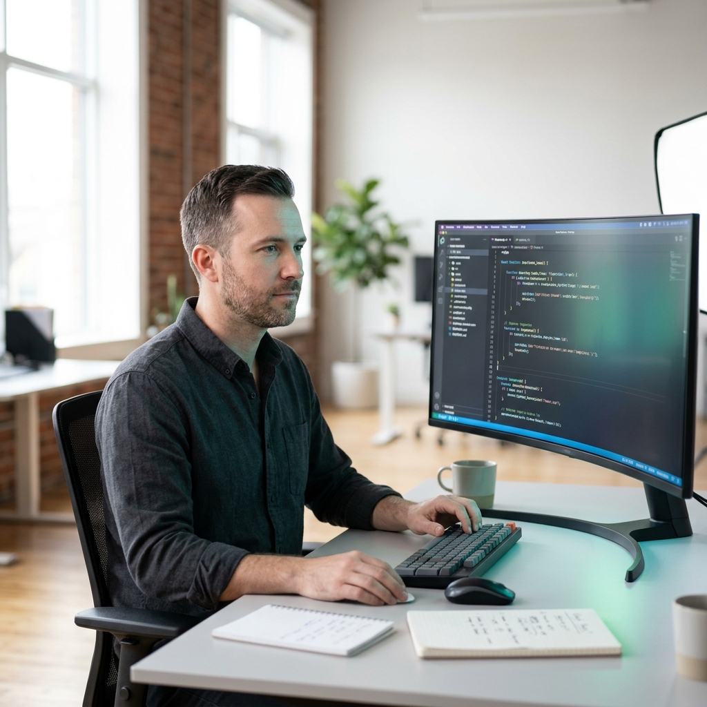 Professional web developer in a modern minimalist office environment, focused on writing clean WordPress code on a large curved monitor with soft ambient lighting.