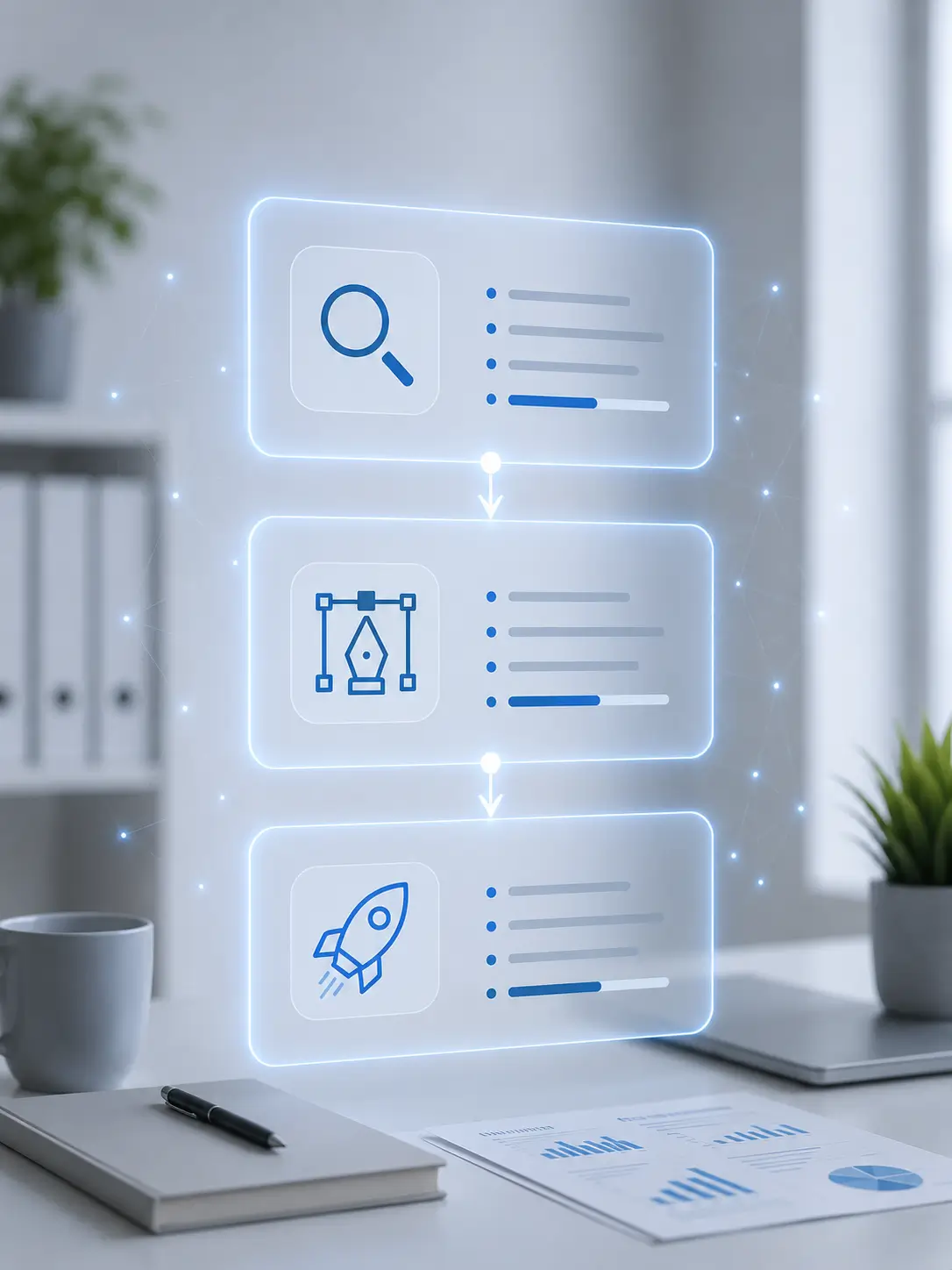 Holographic display showing design process steps