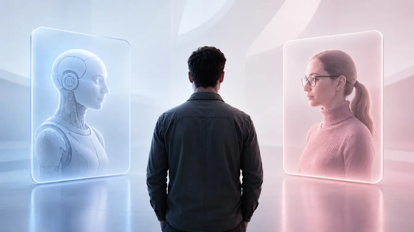 person choosing between AI and human