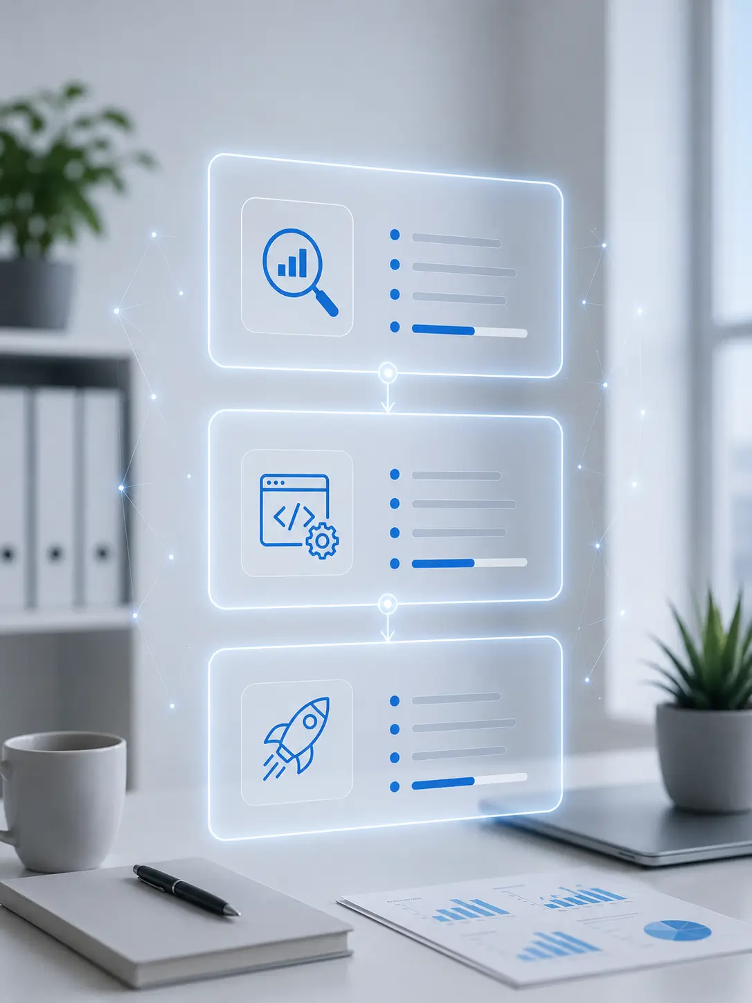 Holographic display showing WordPress development process