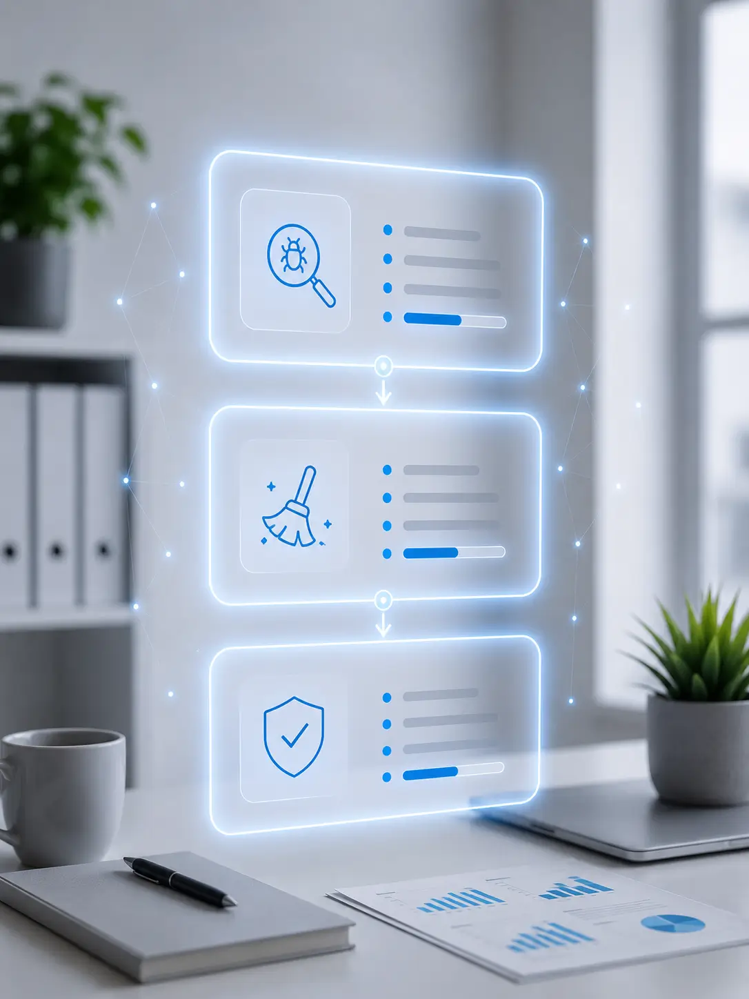 Holographic display showing malware removal process