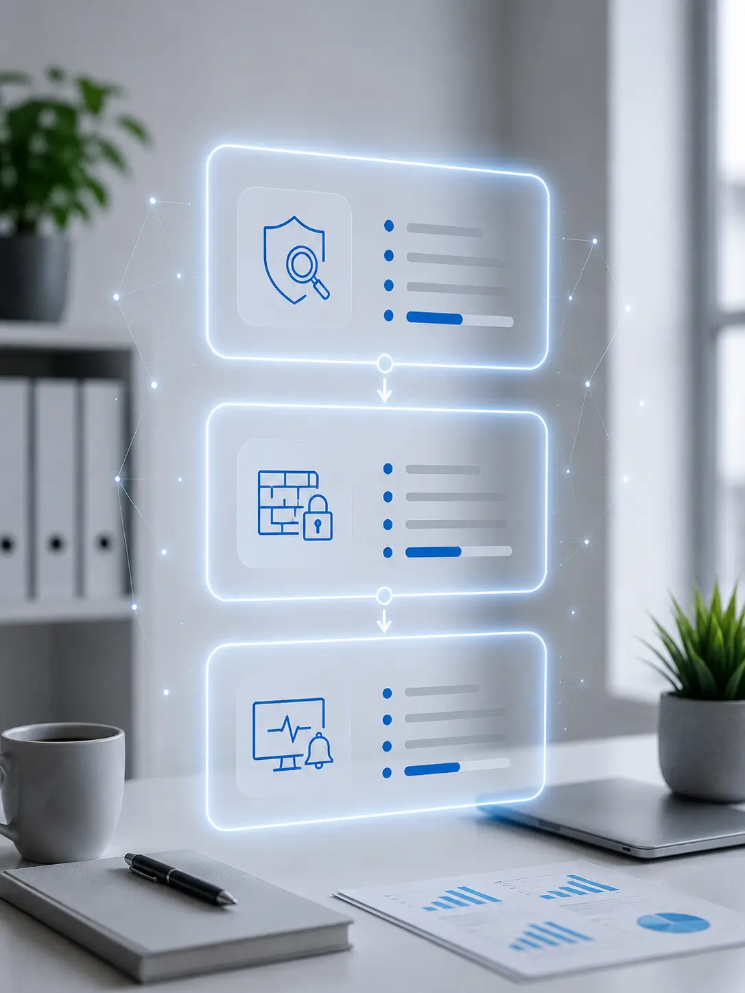 Holographic display showing WordPress security features