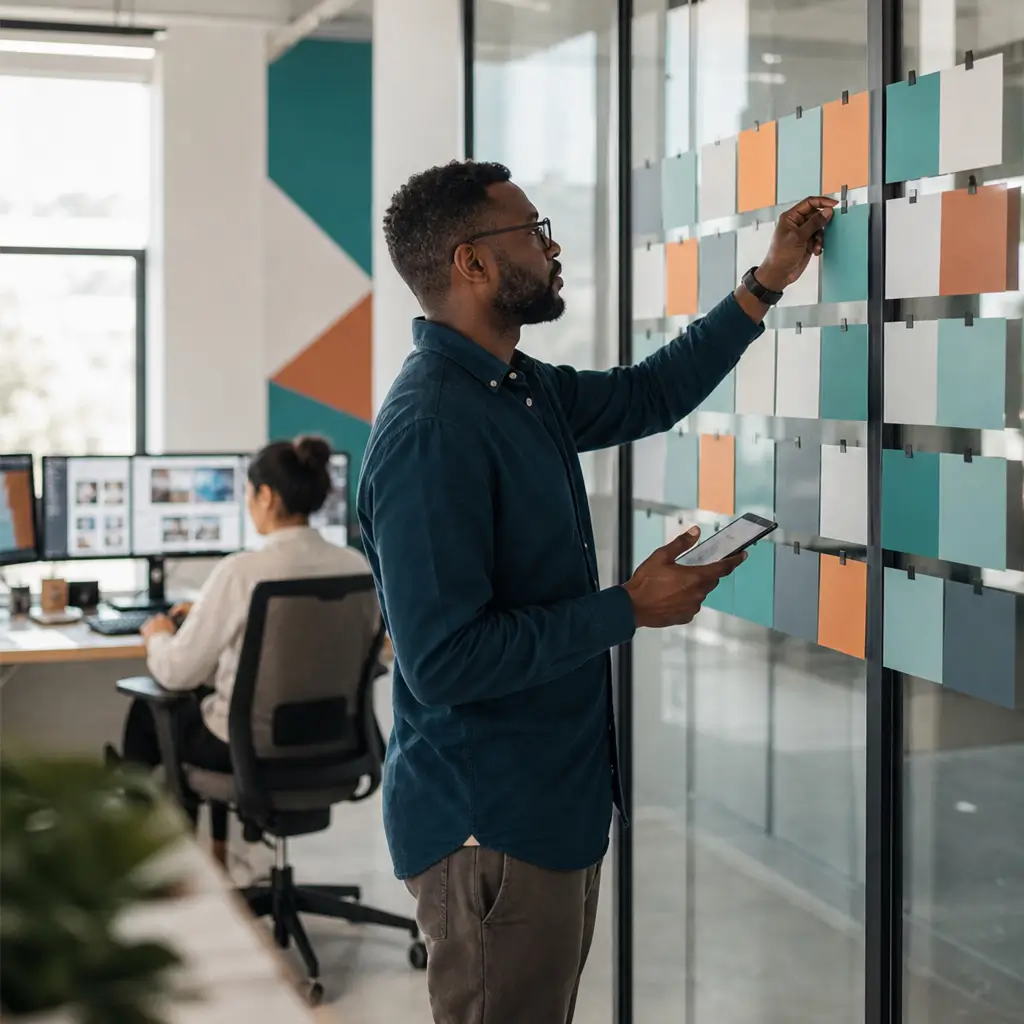 SEO strategist organizing a content plan on an office wall