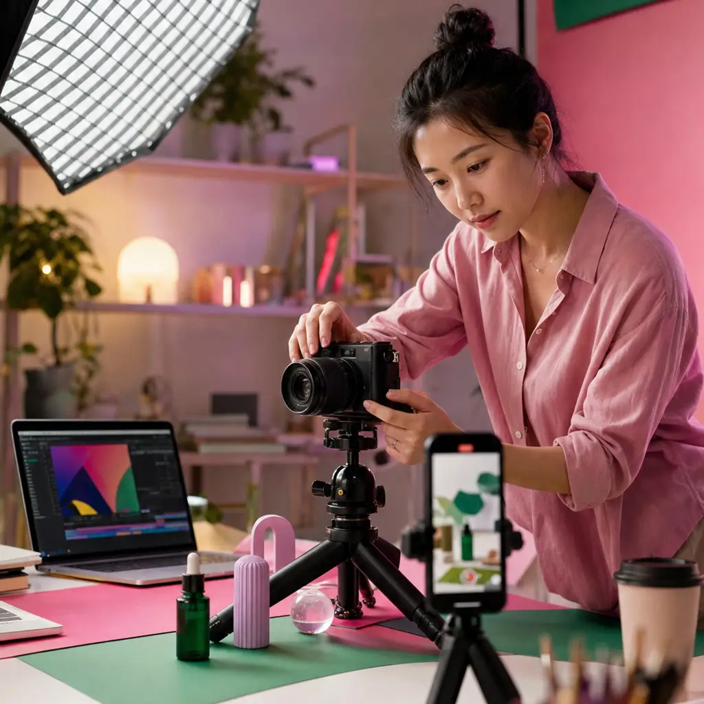 Product creator adjusting studio camera