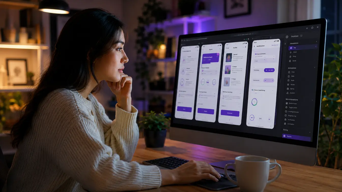 A woman designer working on mobile app UI screens on a computer