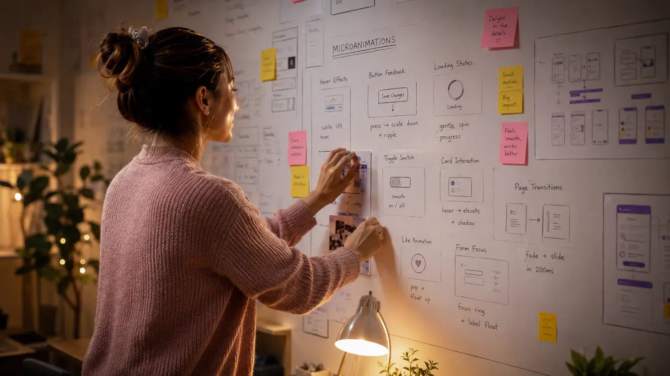 A woman designer working on UI microanimations wireframes on a whiteboard