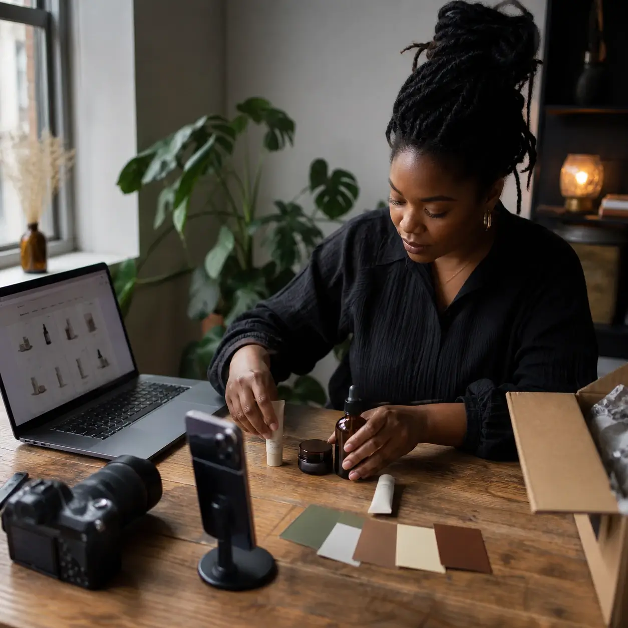 Woman arranging skincare products for ecommerce