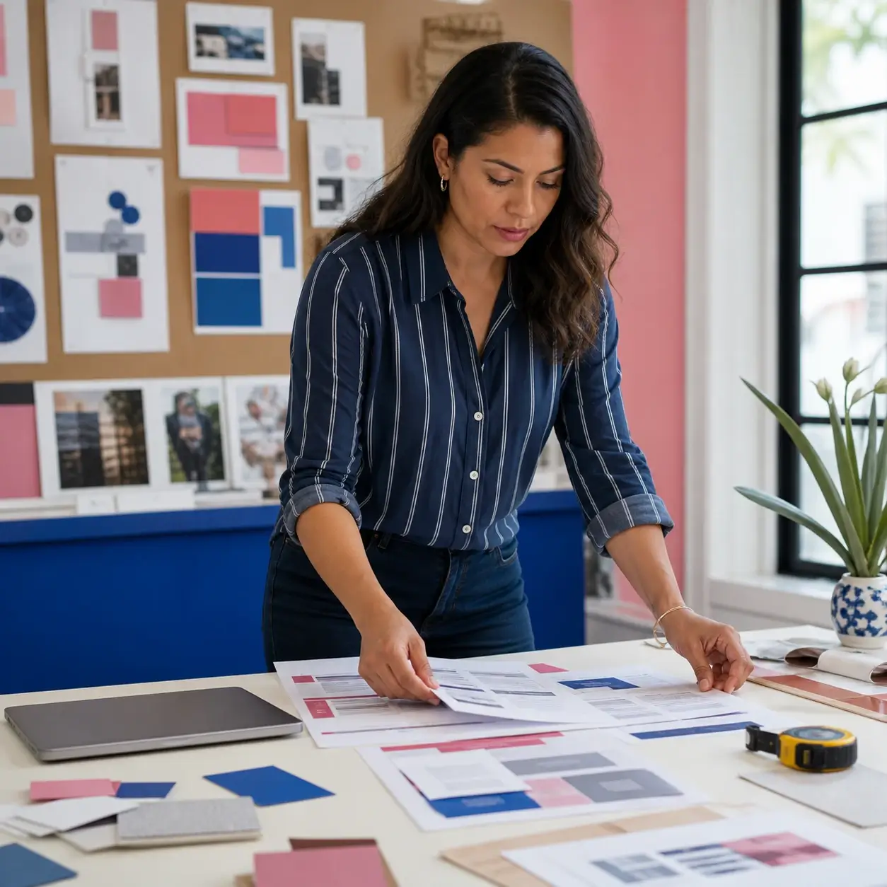 Designer arranging website wireframe prints