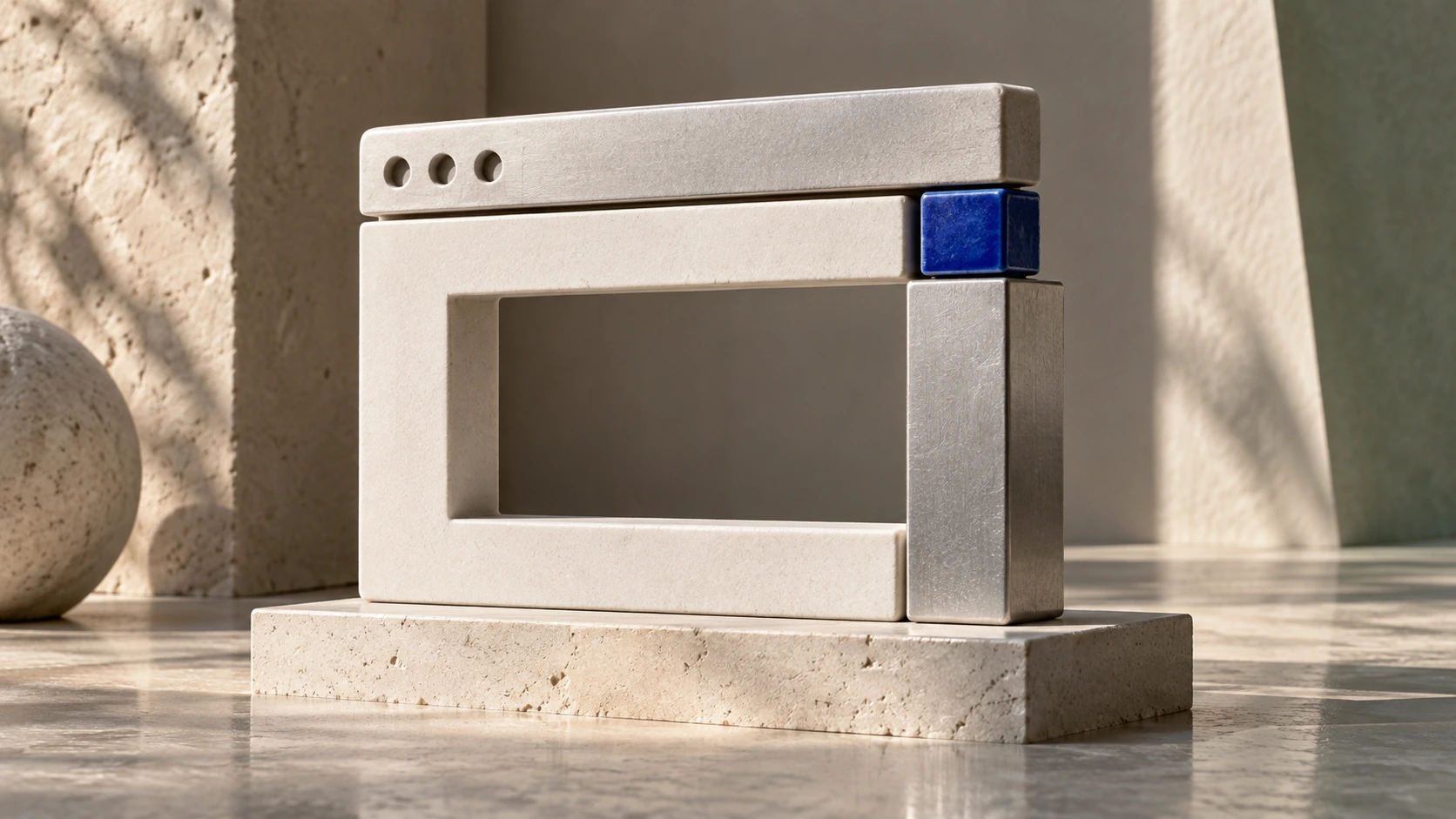 Sculptural browser window made from ivory blocks with a cobalt-blue connector, illustrating website maintenance.